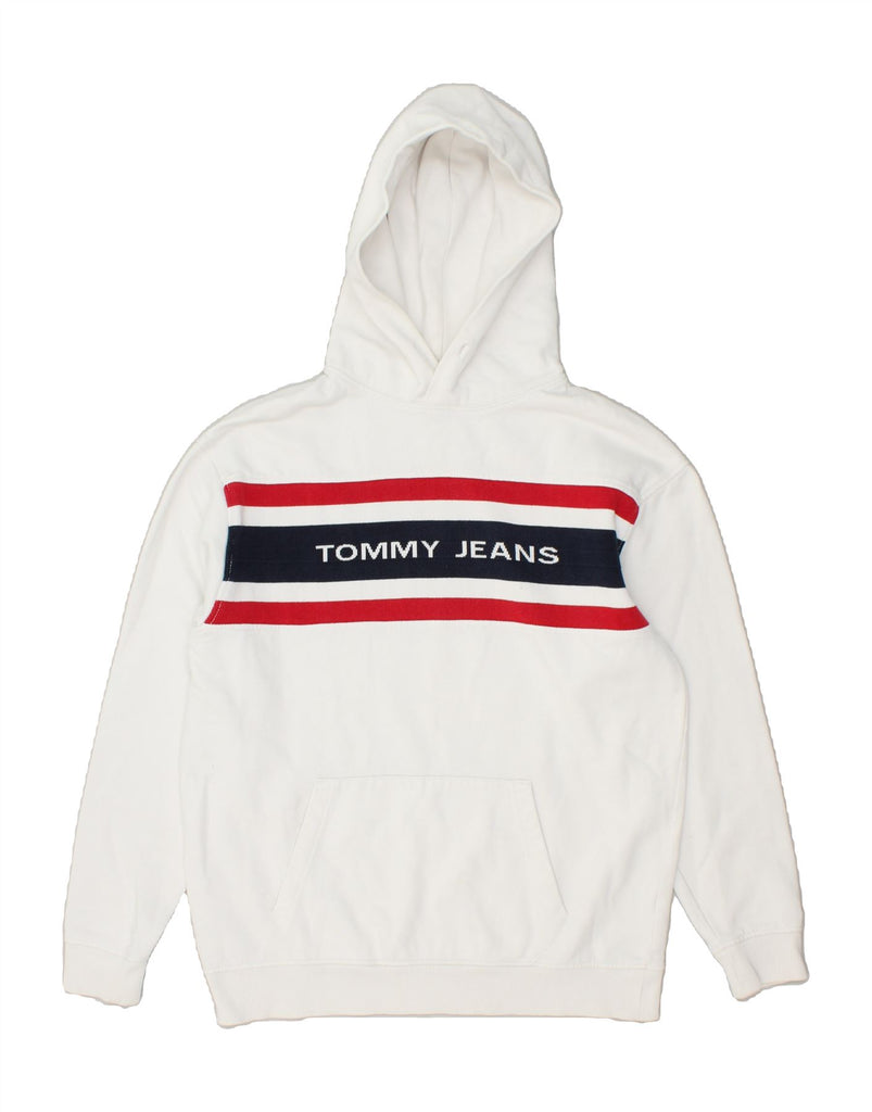 TOMMY HILFIGER Mens Relaxed Fit Graphic Hoodie Jumper Small White Striped | Vintage Tommy Hilfiger | Thrift | Second-Hand Tommy Hilfiger | Used Clothing | Messina Hembry 