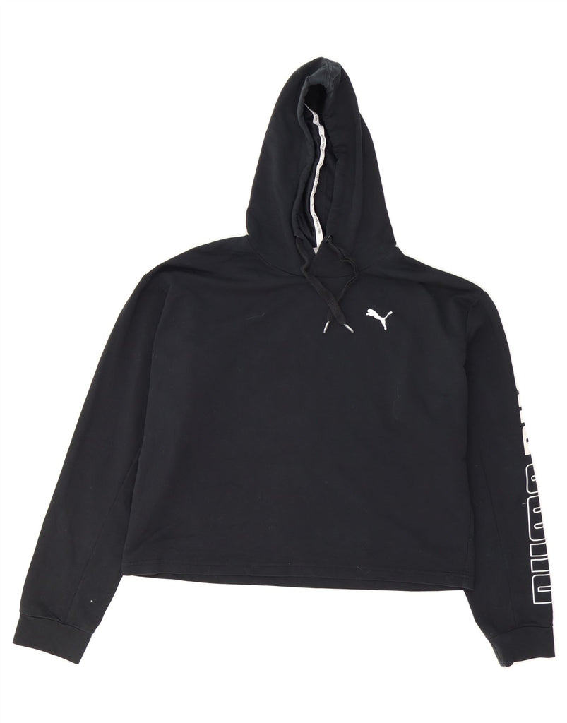 PUMA Womens Oversized Graphic Crop Hoodie Jumper UK 14 Large Black Cotton Vintage Puma and Second-Hand Puma from Messina Hembry 