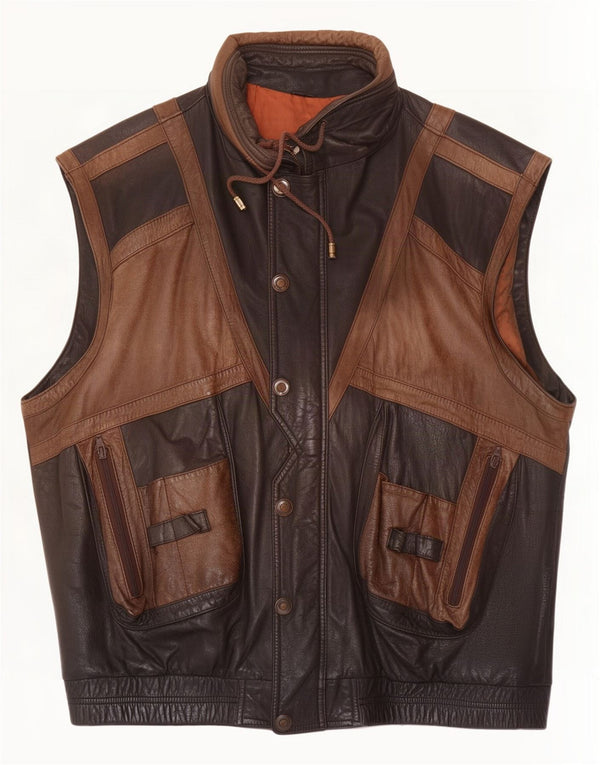 Vintage Mens Leather Gilet IT 56 3XL Brown Colourblock