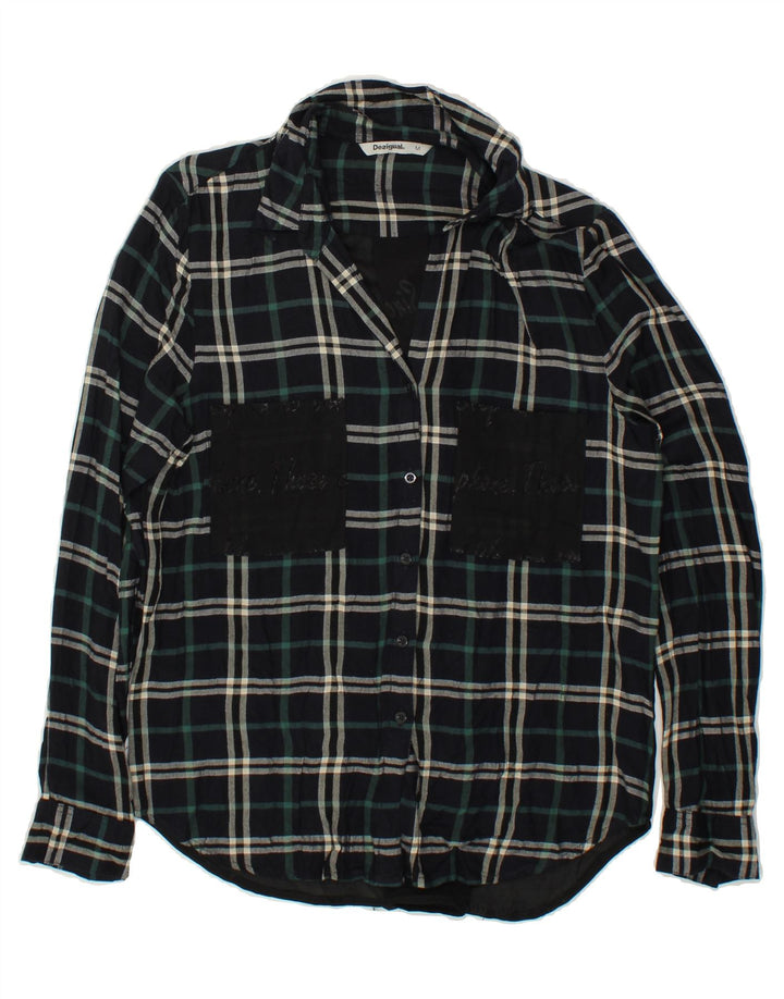 DESIGUAL Womens Graphic Flannel Shirt UK 12 Medium Green Check Viscose Vintage Desigual and Second-Hand Desigual from Messina Hembry 