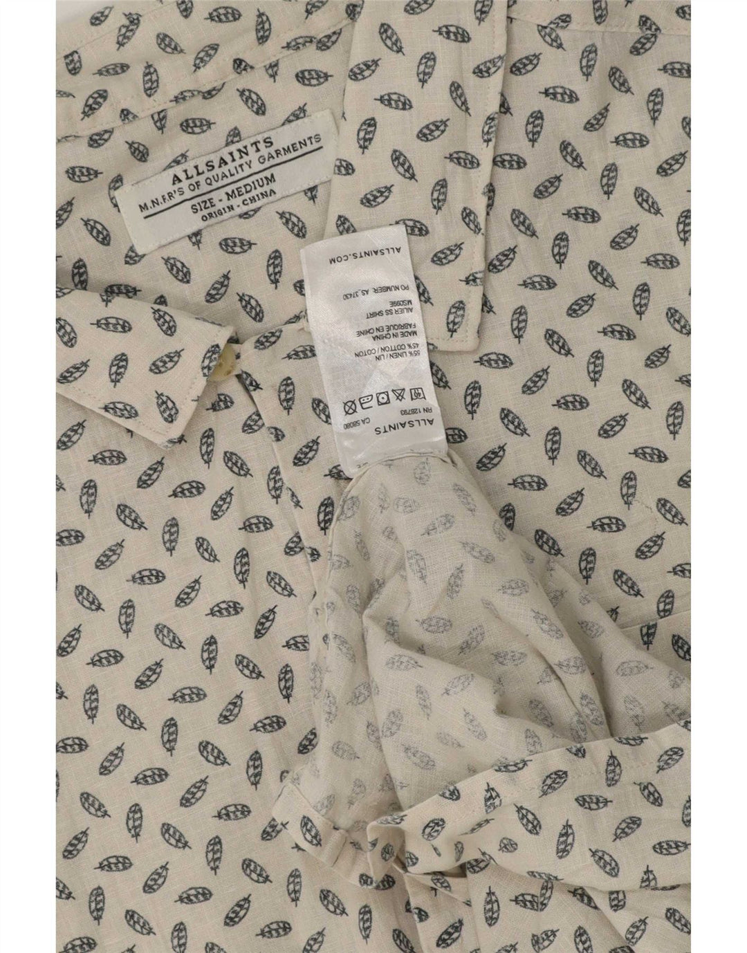 All Saints Mens Short Sleeve Shirt Medium Off White Spotted