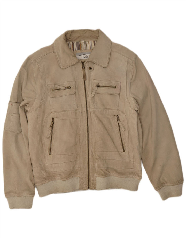 Heine Mens Suede Bomber Jacket UK 44 2XL Beige Leather