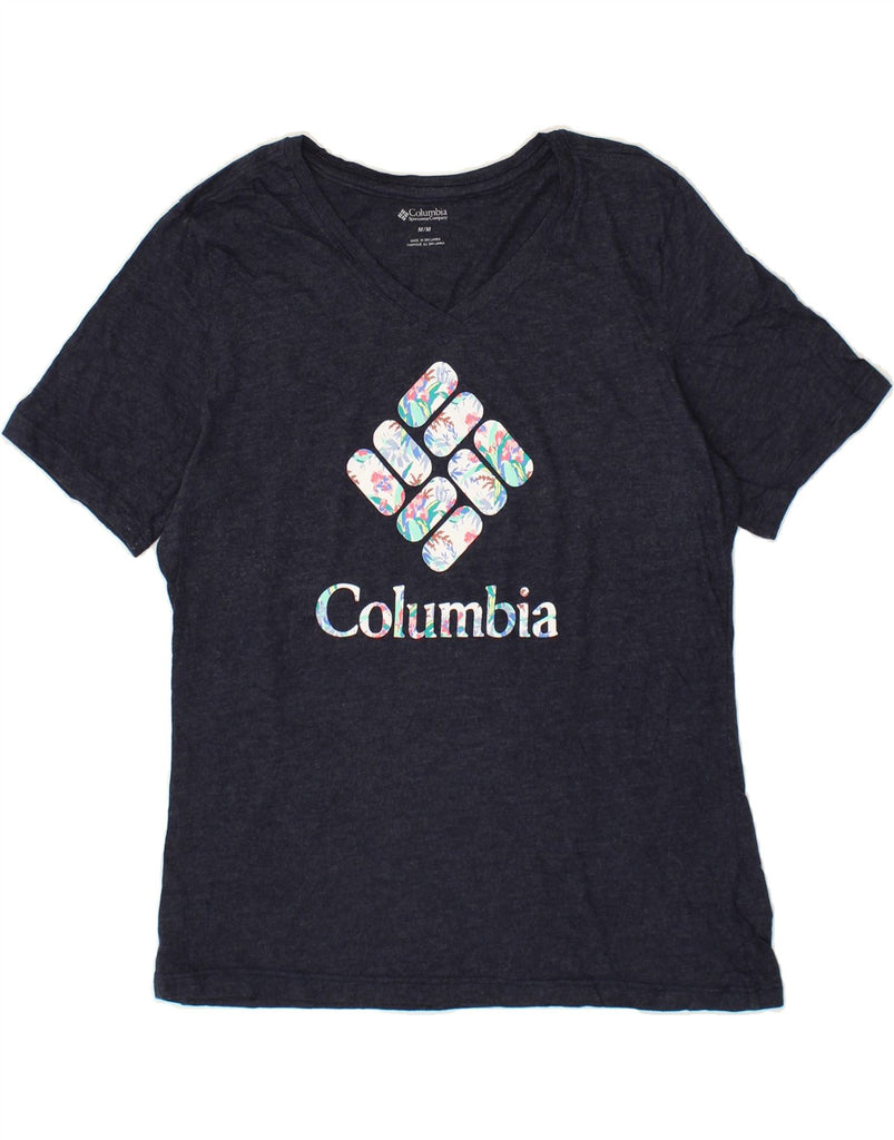 COLUMBIA Womens Graphic T-Shirt Top UK 14 Medium Navy Blue Vintage Columbia and Second-Hand Columbia from Messina Hembry 