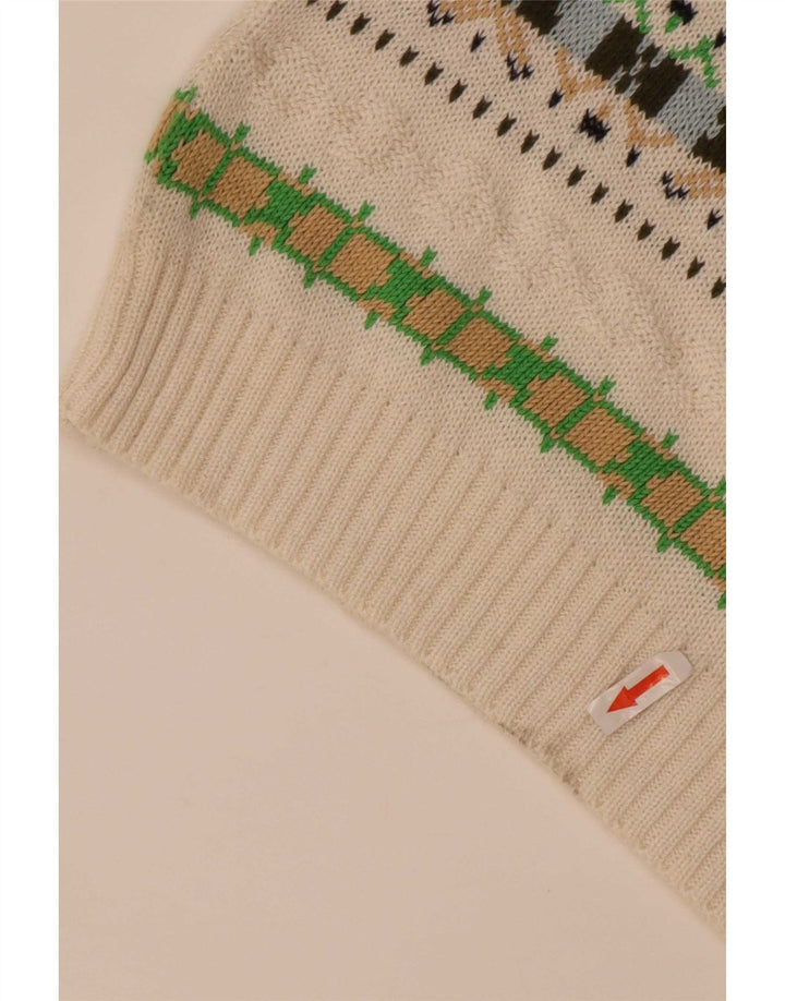 Vintage Mens V-Neck Jumper Sweater Medium White Geometric Cotton