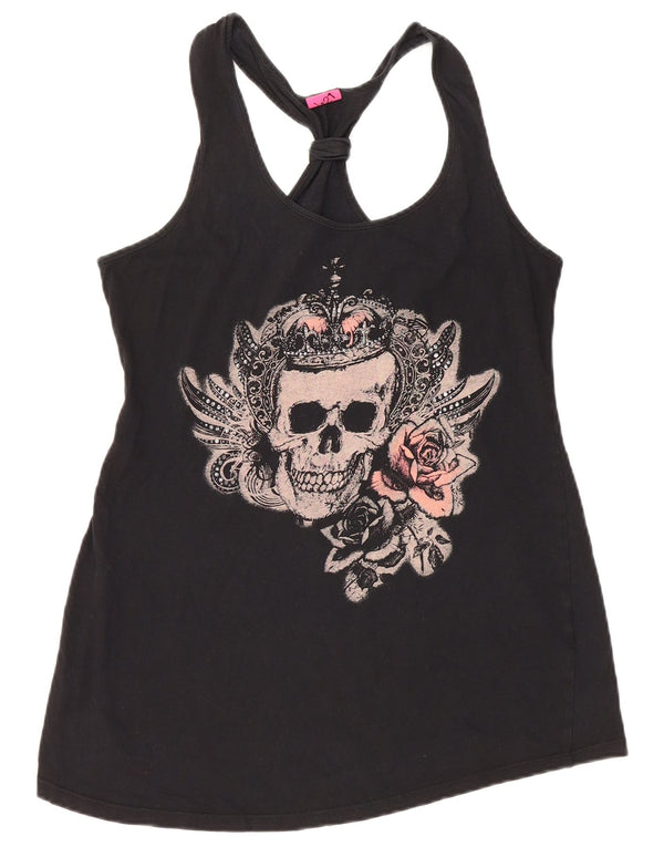 VINTAGE Womens Graphic Vest Top UK 12 Medium Black Cotton