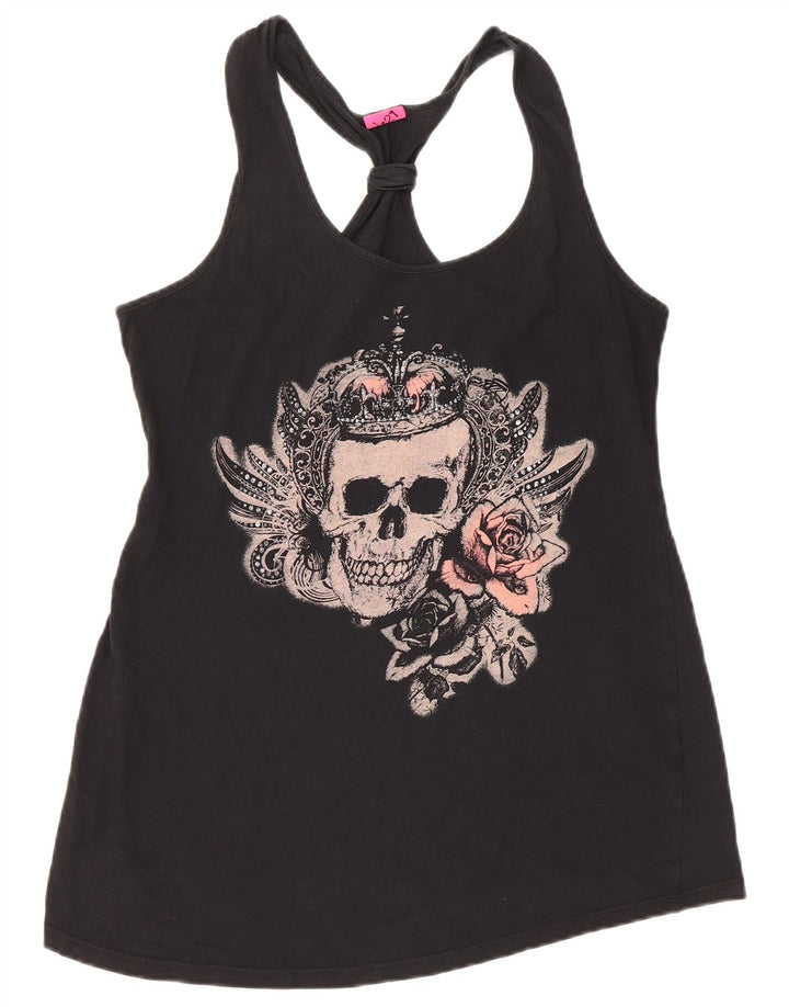 VINTAGE Womens Graphic Vest Top UK 12 Medium Black Cotton