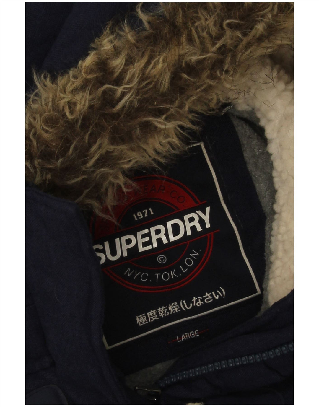 Superdry Womens Hooded Padded Jacket UK 16 Large Navy Blue Acrylic