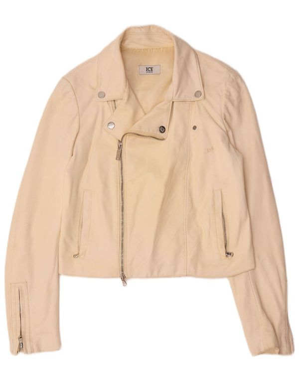 Iceberg Womens Leather Biker Jacket UK 14 Medium Off White Leather