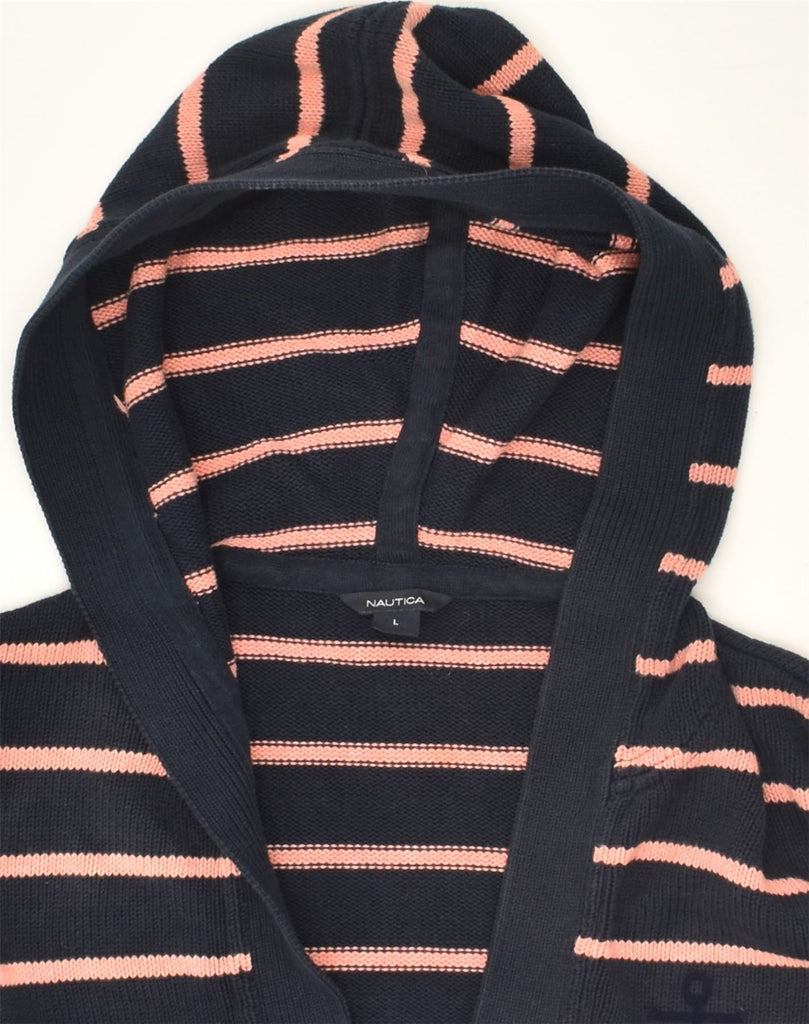 NAUTICA Womens Hooded V-Neck Jumper Sweater UK 16 Large Navy Blue Striped | Vintage Nautica | Thrift | Second-Hand Nautica | Used Clothing | Messina Hembry 