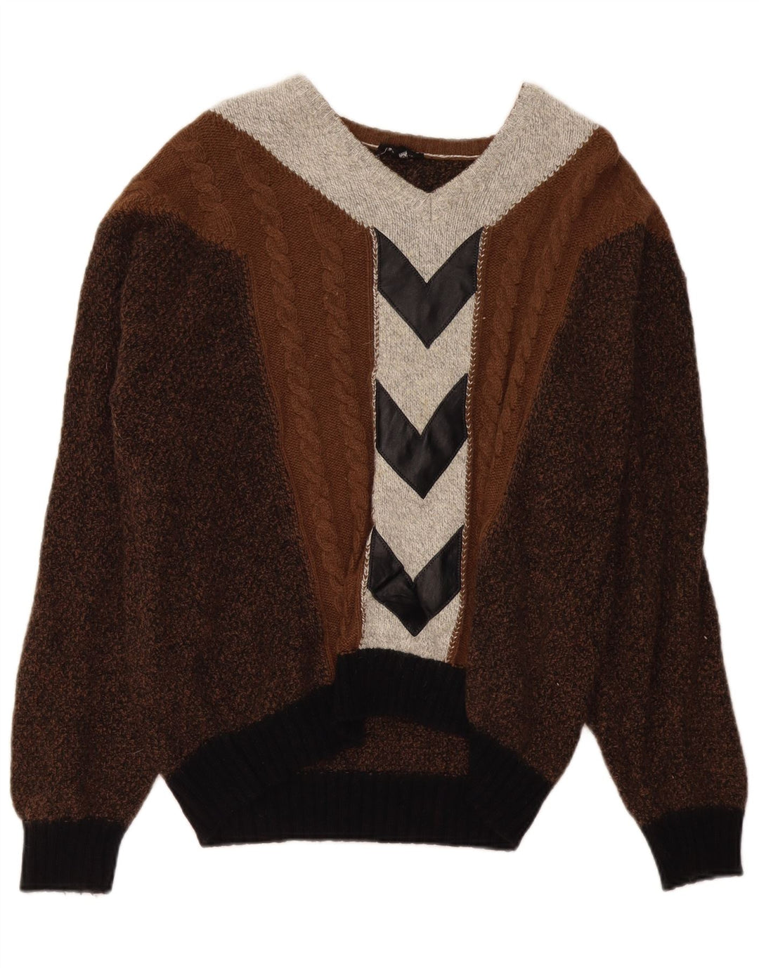 VINTAGE Mens V-Neck Jumper Sweater Large Brown Colourblock