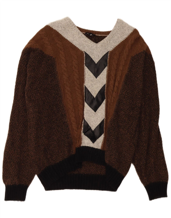 VINTAGE Mens V-Neck Jumper Sweater Large Brown Colourblock