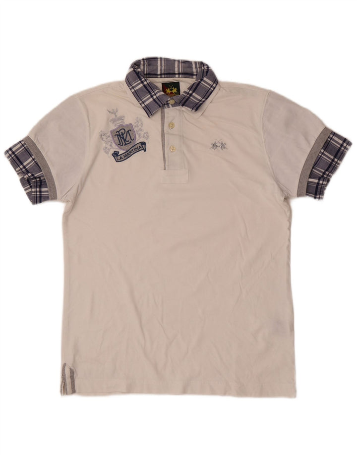 La Martina Mens Graphic Polo Shirt Small White Check Cotton