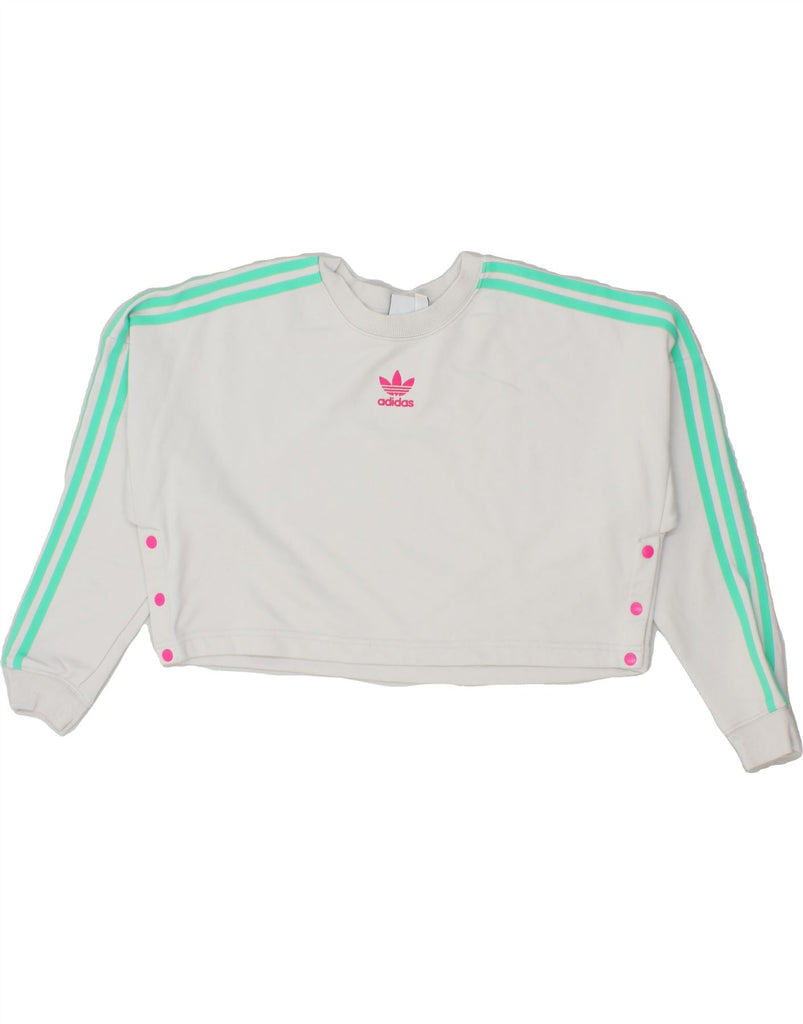 ADIDAS Womens Crop Sweatshirt Jumper UK 12 Medium Grey Cotton | Vintage Adidas | Thrift | Second-Hand Adidas | Used Clothing | Messina Hembry 