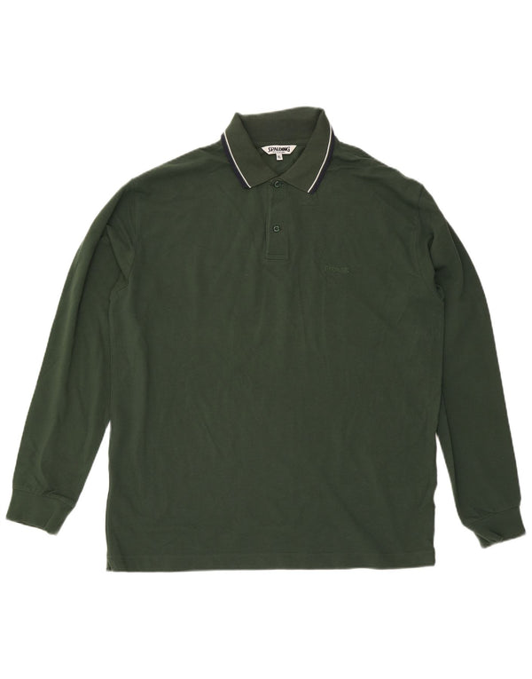 Spalding Mens Long Sleeve Polo Shirt XL Green Striped Cotton
