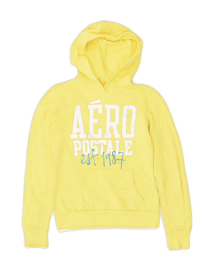 AEROPOSTALE Womens Graphic Hoodie Jumper UK 10 Small Yellow Cotton | Vintage Aeropostale | Thrift | Second-Hand Aeropostale | Used Clothing | Messina Hembry 