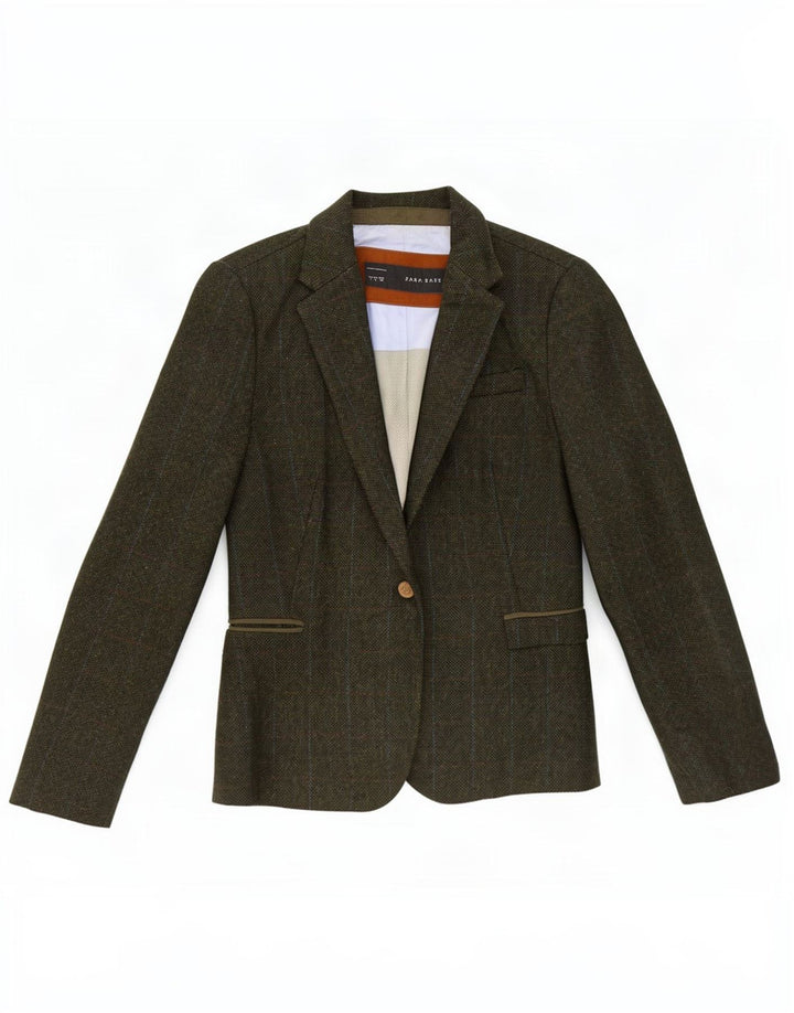 Zara Womens 1 Button Blazer Jacket UK 14 Large Green Check