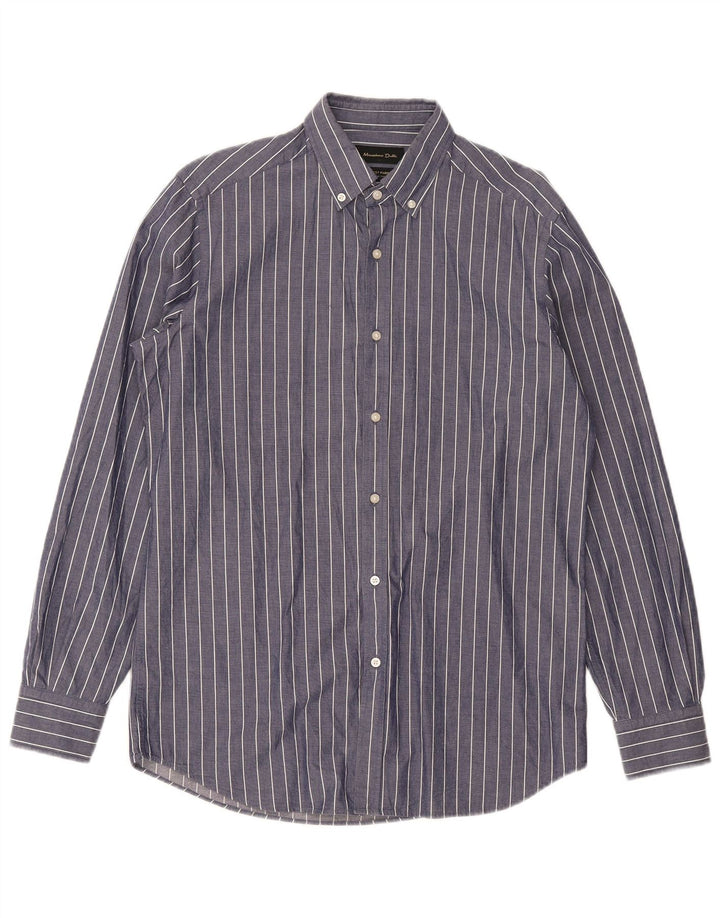 Massimo Dutti Mens Regular Fit Shirt Medium Navy Blue Striped Cotton