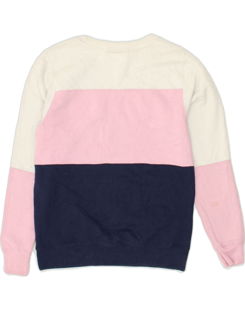 CHAMPION Womens Graphic Sweatshirt Jumper UK 14 Medium Pink Colourblock | Vintage Champion | Thrift | Second-Hand Champion | Used Clothing | Messina Hembry 