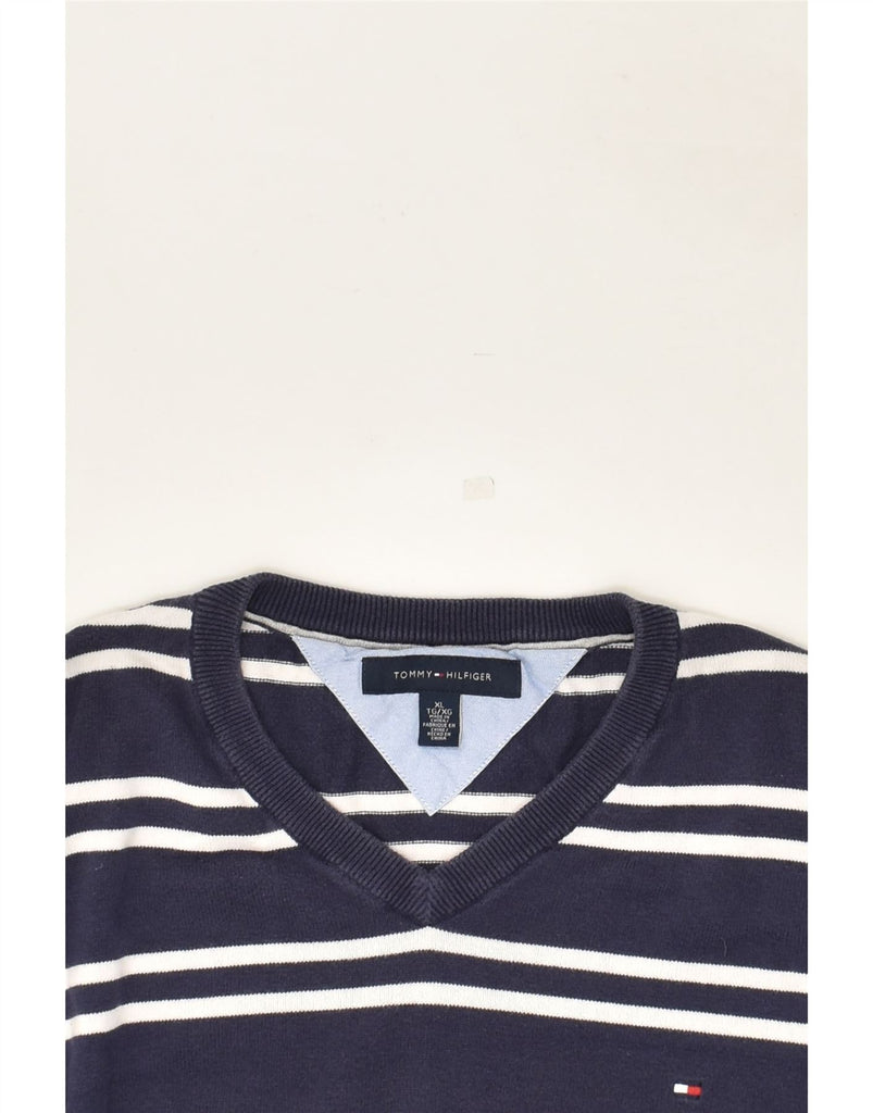 TOMMY HILFIGER Mens V-Neck Jumper Sweater XL Navy Blue Striped Cotton | Vintage Tommy Hilfiger | Thrift | Second-Hand Tommy Hilfiger | Used Clothing | Messina Hembry 