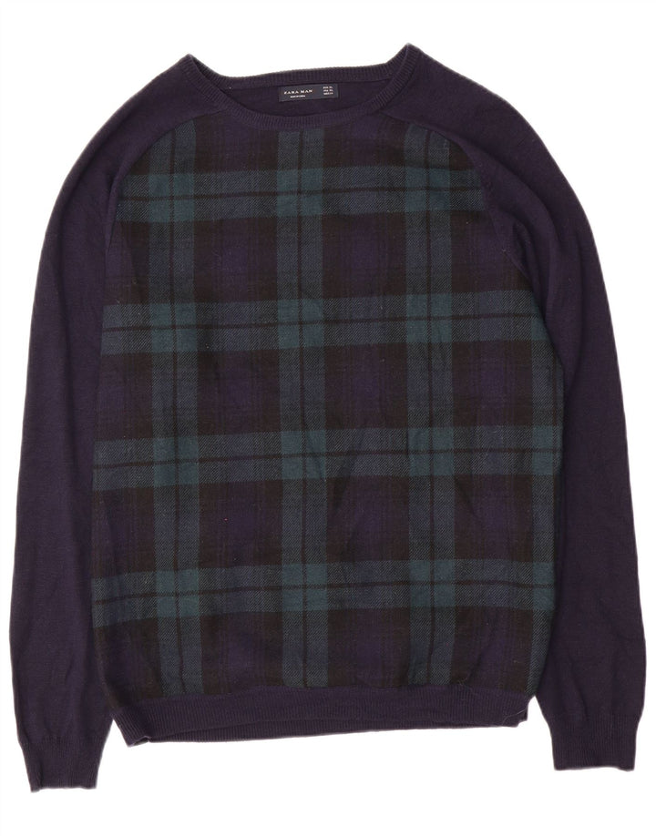 ZARA Mens Boat Neck Jumper Sweater XL Navy Blue Check