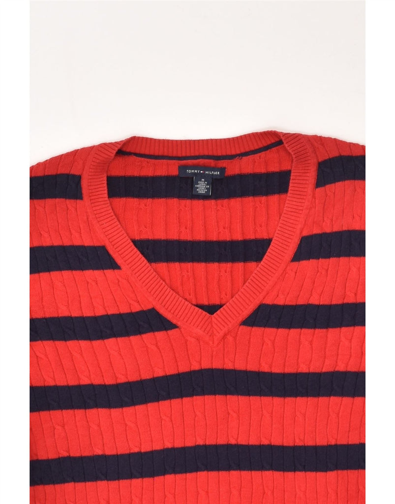 TOMMY HILFIGER Womens V-Neck Jumper Sweater UK 14 Medium Red Striped | Vintage Tommy Hilfiger | Thrift | Second-Hand Tommy Hilfiger | Used Clothing | Messina Hembry 