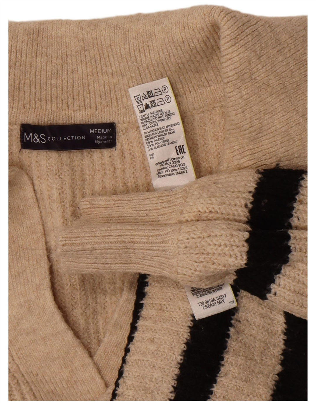 Marks & Spencer Womens Polo Neck Jumper Sweater UK 14 Medium Beige Striped