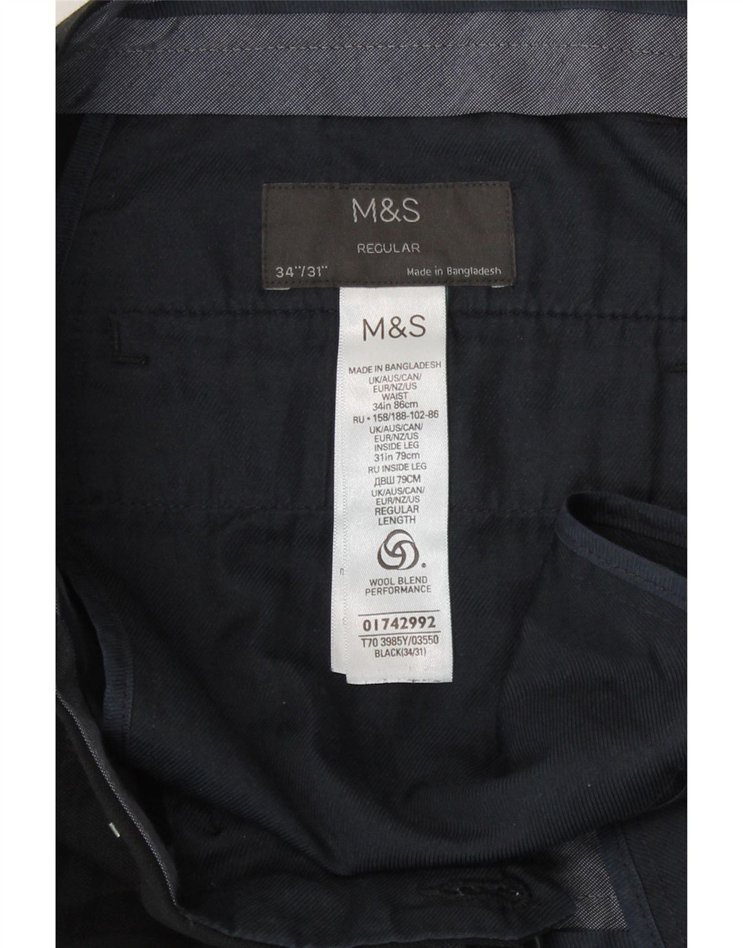 Marks & Spencer Mens Regular Fit Casual Trousers W34 L31 Black Polyester