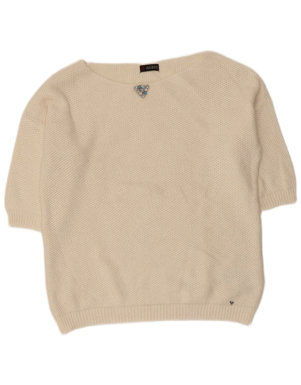 Guess Womens Oversized Boat Neck Jumper Sweater UK 6 XS Off White Acrylic