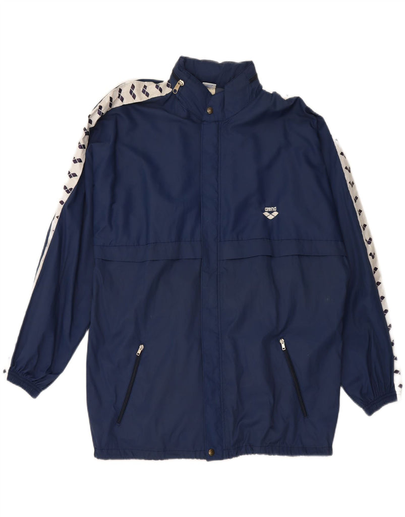 ARENA Mens Graphic Hooded Rain Jacket Large Navy Blue Colourblock Vintage Arena and Second-Hand Arena from Messina Hembry 