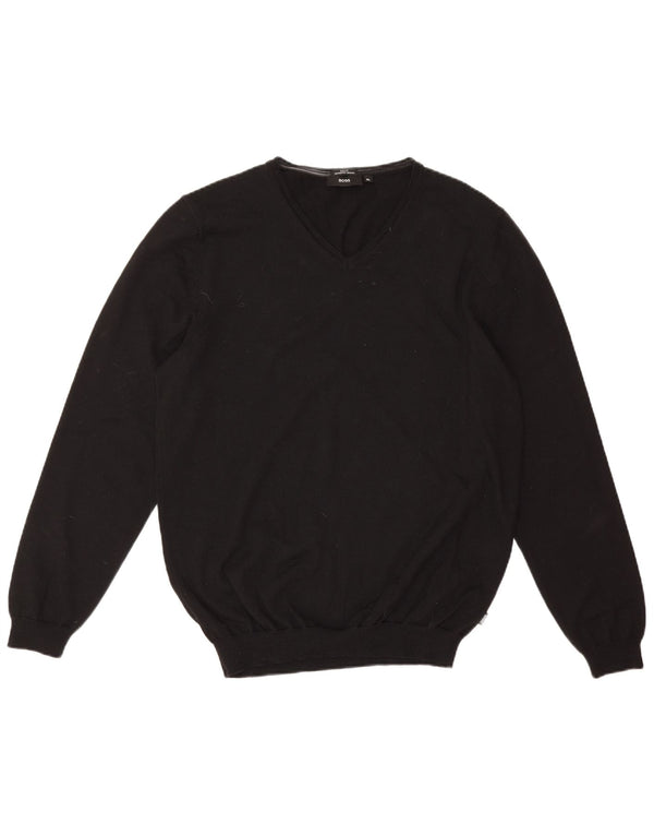 Hugo Boss Mens Slim Fit V-Neck Jumper Sweater XL Black Virgin Wool