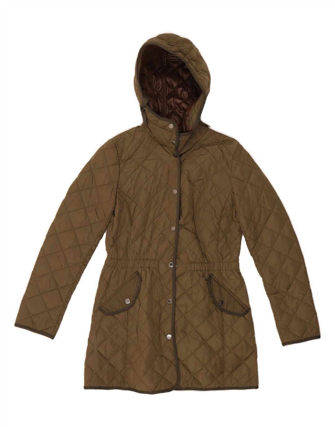 MASSIMO DUTTI Womens Hooded Quilted Overcoat UK 12 Medium Khaki Nylon Vintage Massimo Dutti and Second-Hand Massimo Dutti from Messina Hembry 