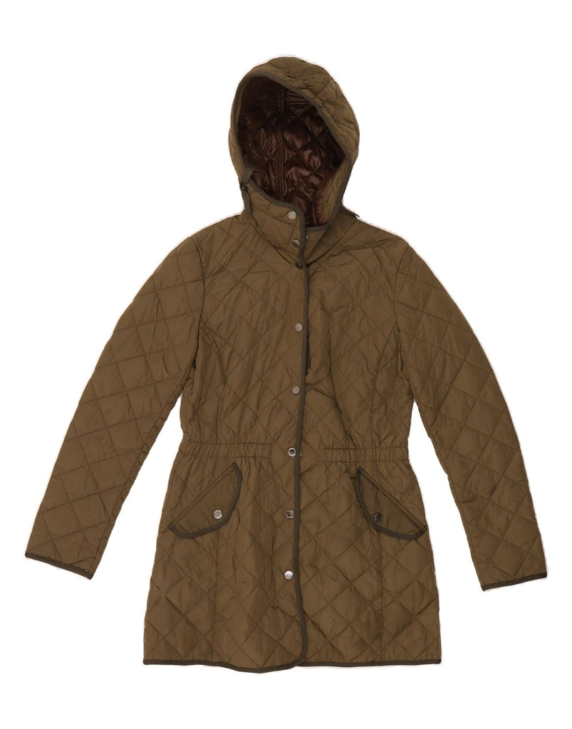 MASSIMO DUTTI Womens Hooded Quilted Overcoat UK 12 Medium Khaki Nylon Vintage Massimo Dutti and Second-Hand Massimo Dutti from Messina Hembry 
