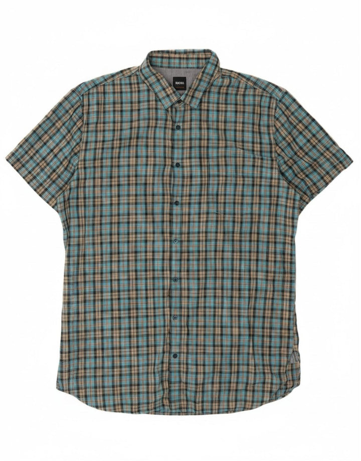 Hugo Boss Mens Short Sleeve Shirt XL Blue Check Cotton