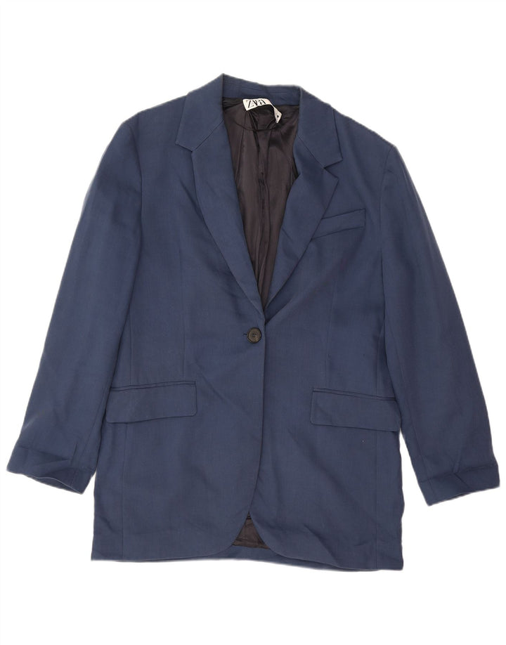 Zara Womens 1 Button Blazer Jacket UK 14 Medium Navy Blue Cotton