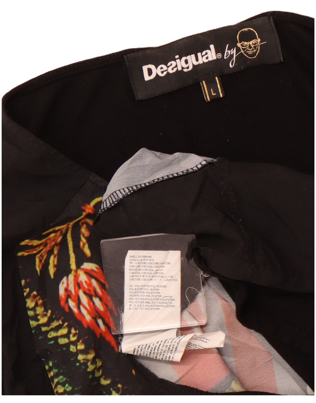 DESIGUAL Womens Graphic Top Long Sleeve UK 14 Large Black Floral Viscose