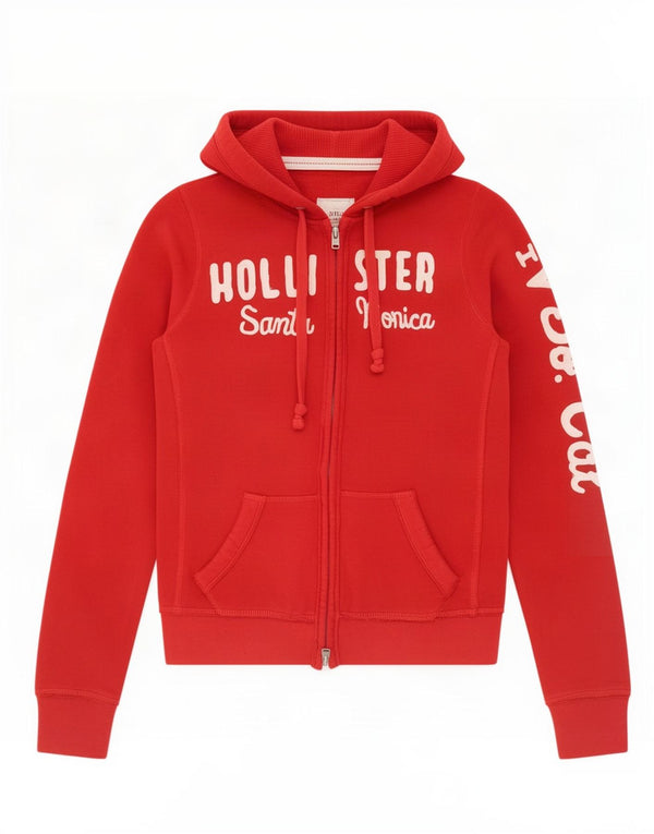 Hollister Womens Graphic Zip Hoodie Sweater UK 10 Small Red Cotton
