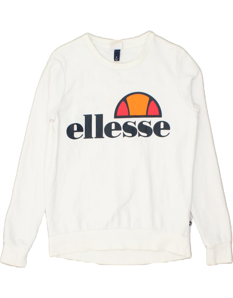 ELLESSE Womens Graphic Sweatshirt Jumper UK 8 Small White Cotton | Vintage Ellesse | Thrift | Second-Hand Ellesse | Used Clothing | Messina Hembry 