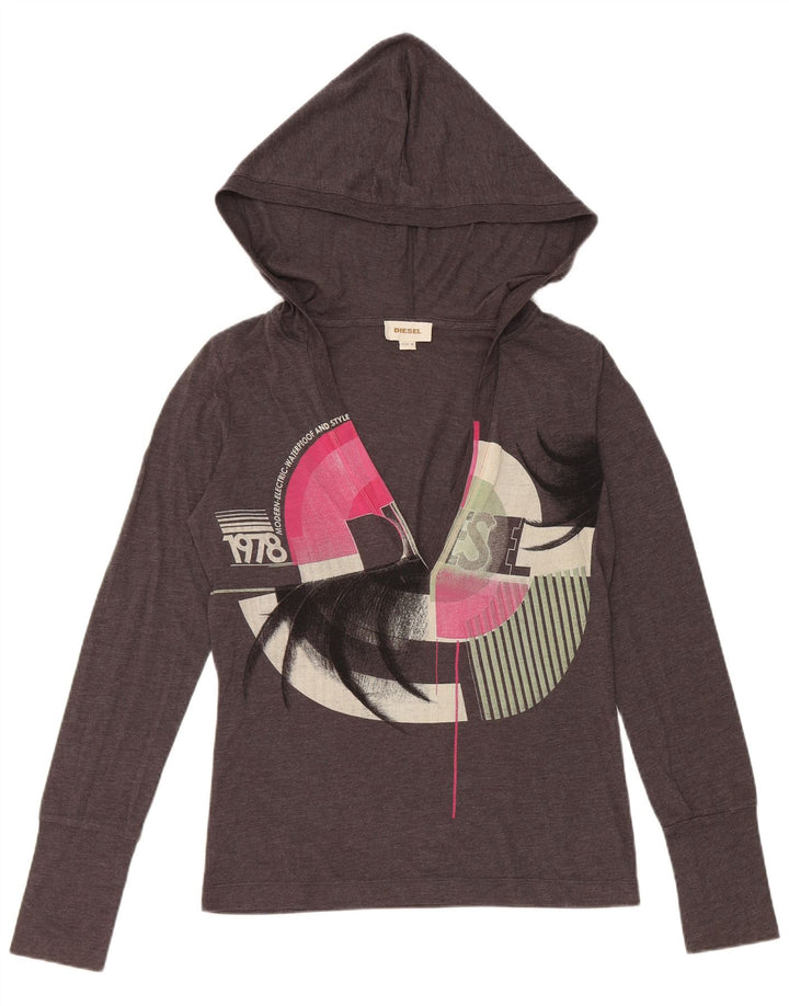 Diesel Womens Hooded Graphic Top Long Sleeve UK 12 Medium Grey