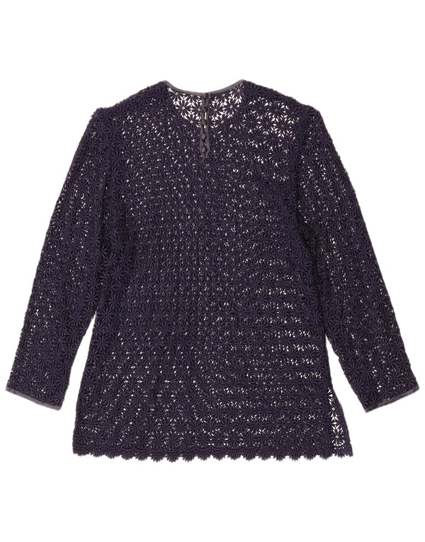 Vintage Womens 3/4 Sleeve Crochet Blouse Top UK 10 Small Navy Blue Floral