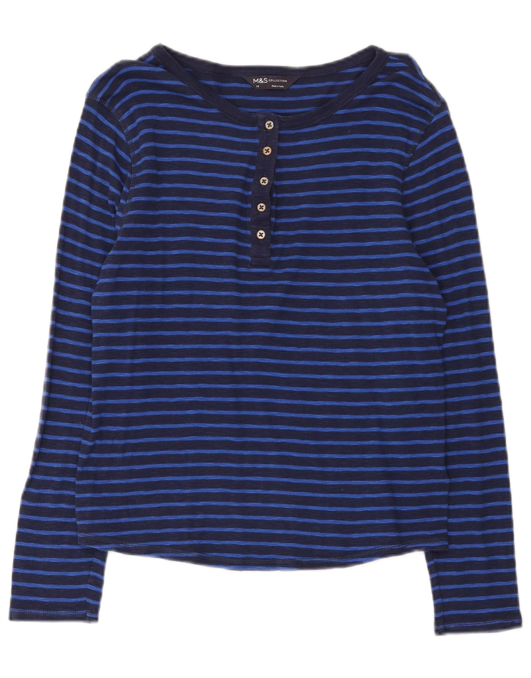 Marks & Spencer Womens Top Long Sleeve UK 14 Medium Navy Blue Striped