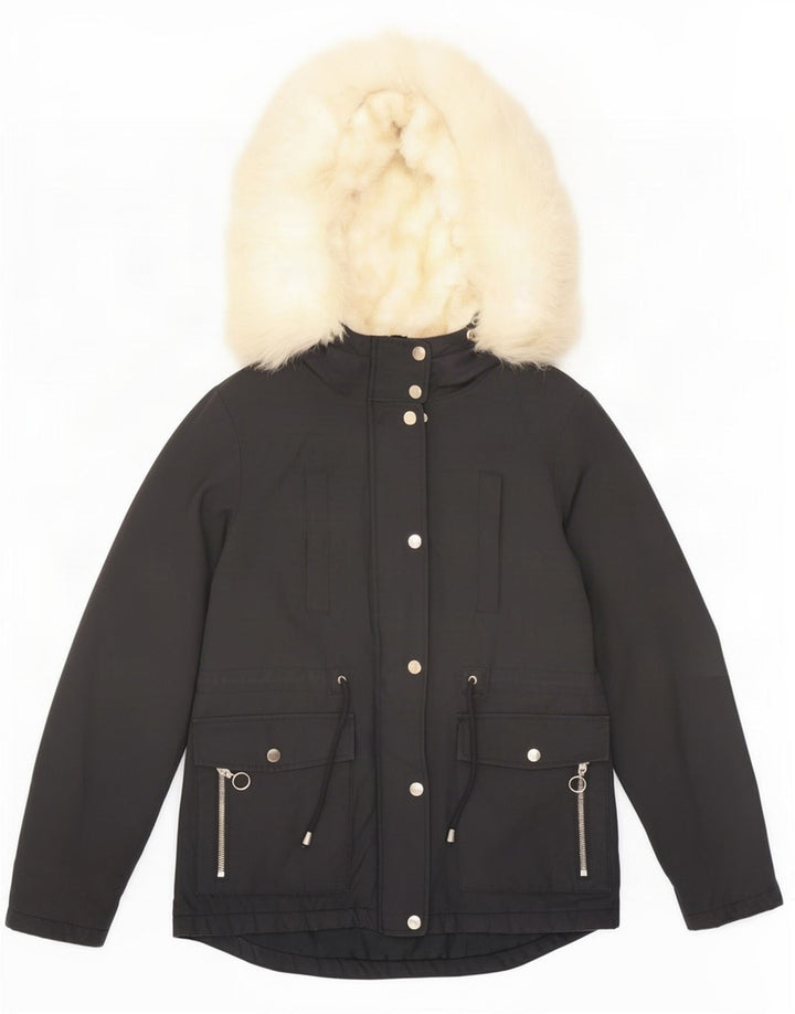 Topshop Womens Hooded Parka Jacket UK 8 Small Black Polyester