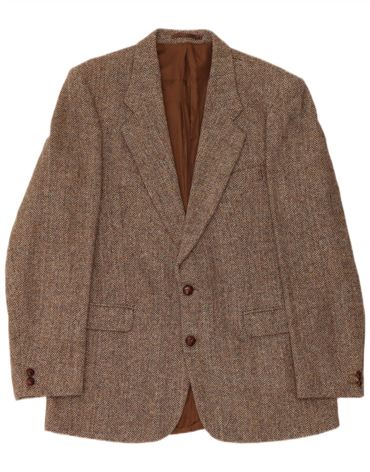 Harris Tweed Mens 2 Button Blazer Jacket UK 42 XL Brown Herringbone Wool