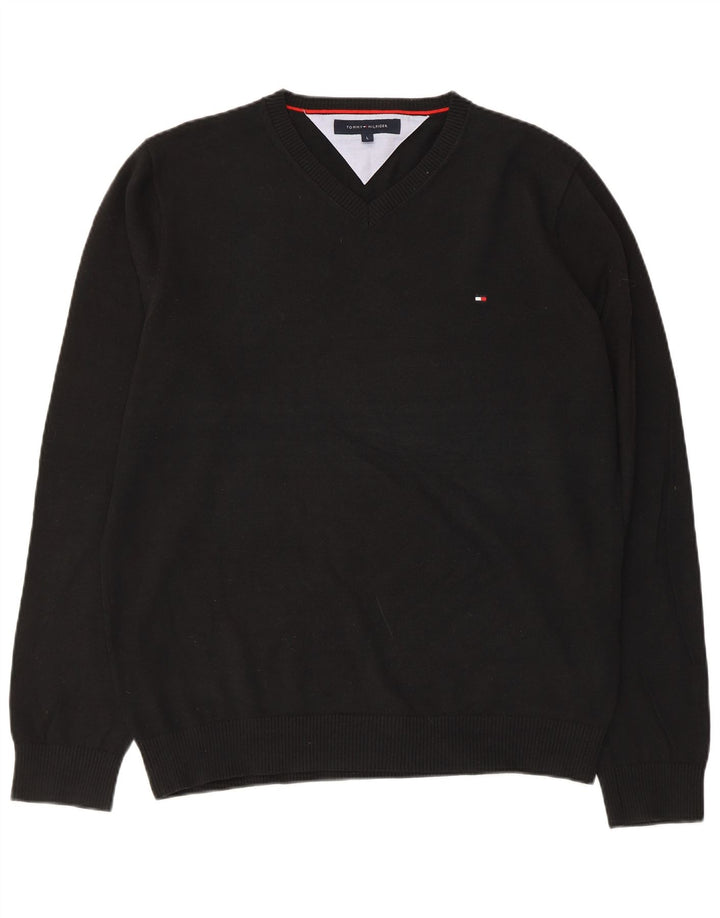 TOMMY HILFIGER Mens V-Neck Jumper Sweater Large Black Cotton