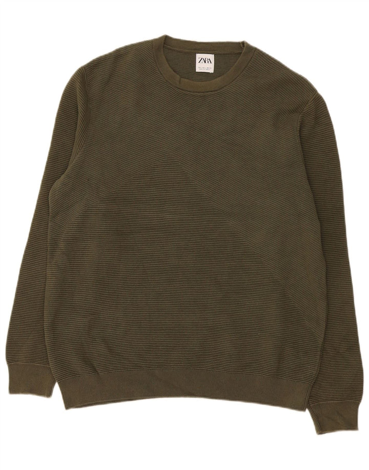 Zara Mens Crew Neck Jumper Sweater Large Khaki Cotton