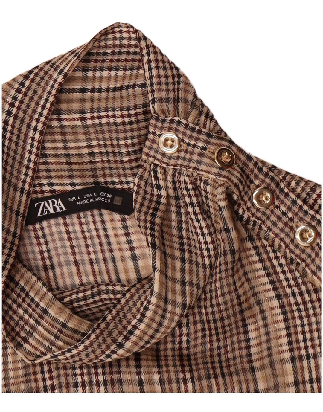 Zara Womens Pullover Long Sleeve Shirt Blouse UK 16 Large Brown Check