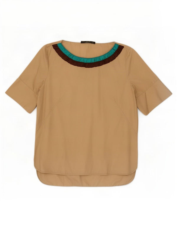 Zara Womens Blouse Top UK 16 Large Beige Colourblock Cotton