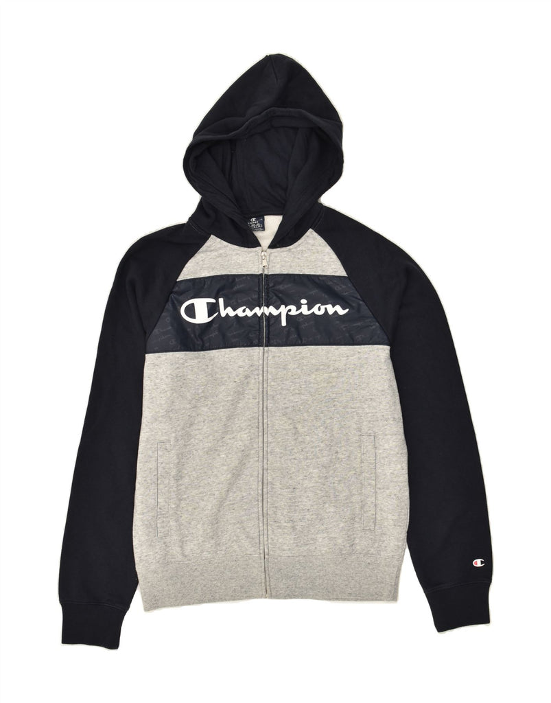 CHAMPION Mens Graphic Zip Hoodie Sweater Large Grey Colourblock Cotton | Vintage Champion | Thrift | Second-Hand Champion | Used Clothing | Messina Hembry 