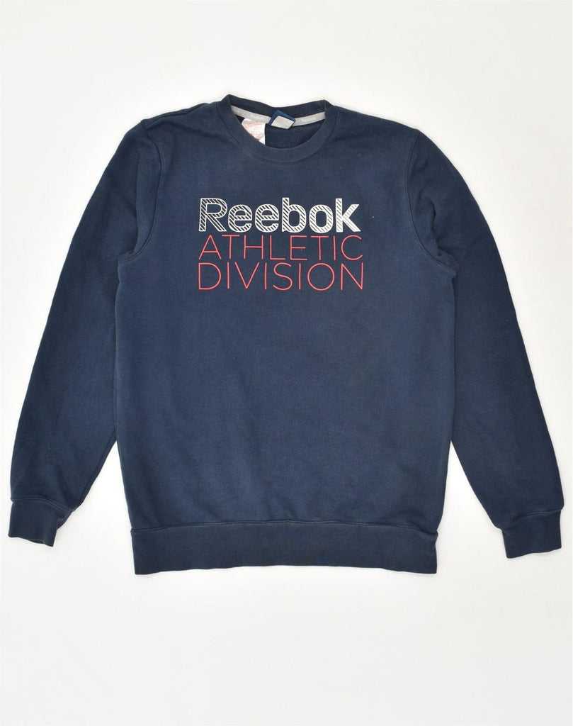 REEBOK Boys Graphic Sweatshirt Jumper 13-14 Years Navy Blue Cotton | Vintage Reebok | Thrift | Second-Hand Reebok | Used Clothing | Messina Hembry 