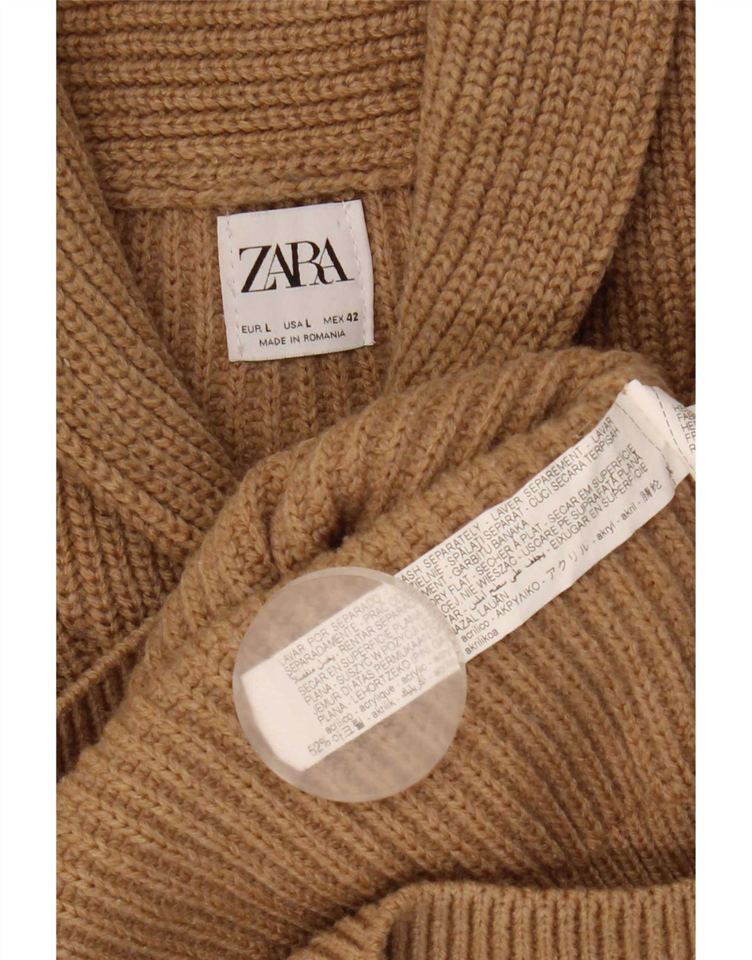 Zara Mens Shawl Neck Jumper Sweater Large Beige Acrylic