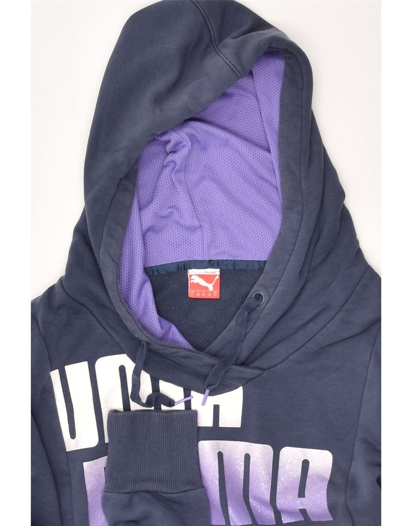 PUMA Womens Graphic Hoodie Jumper UK 14 Large Navy Blue Cotton | Vintage Puma | Thrift | Second-Hand Puma | Used Clothing | Messina Hembry 